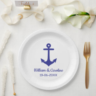 Blue Nautical Anchor Beach Hochzeit in Urlaubsort Pappteller