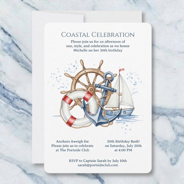 Blue Nautical Anchor Birthday Invite Einladung (A classic maritime look.)