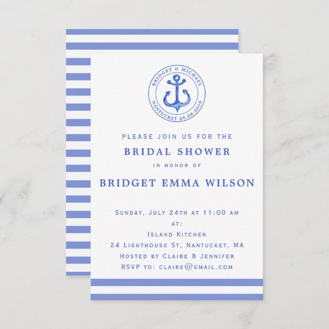 Blue Nautical Anchor Bridal Dusche Einladung (Vorne/Hinten)
