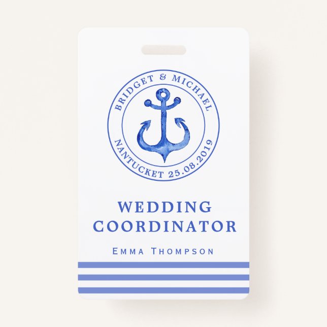 Blue Nautical Anchor | Hochzeitsplaner Ausweis (Vorderseite)