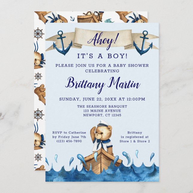 Blue Nautical Anchor Sailor Bear Baby Dusche Einladung (Vorne/Hinten)