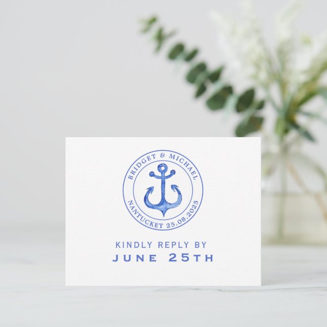 Blue Nautical Anchor | UAWG Hochzeit Einladungspostkarte (Stehend Vorderseite)