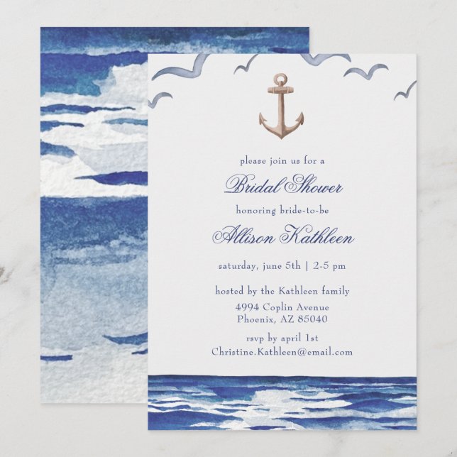 Blue Nautical Coastal Sea Bridal Dusche Einladung (Vorne/Hinten)