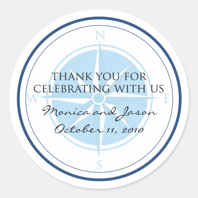 Blue Nautical Compass Rose Hochzeit Runder Aufkleber (Vorderseite)