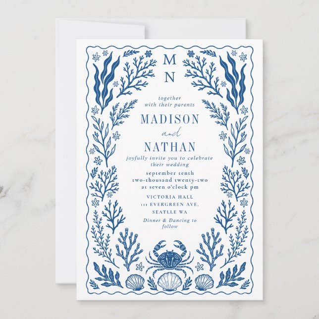 Blue Nautical Crab Shell Ocean Beach Wedding Einladung (Vorderseite)
