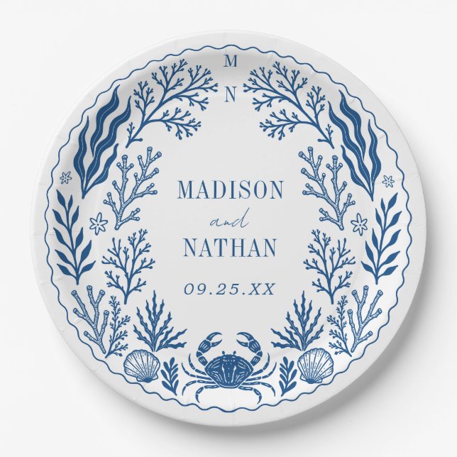 Blue Nautical Crab Shell Ocean Beach Wedding Pappteller (Vorderseite)