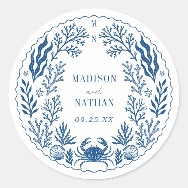 Blue Nautical Crab Shell Ocean Beach Wedding Runder Aufkleber (Vorderseite)