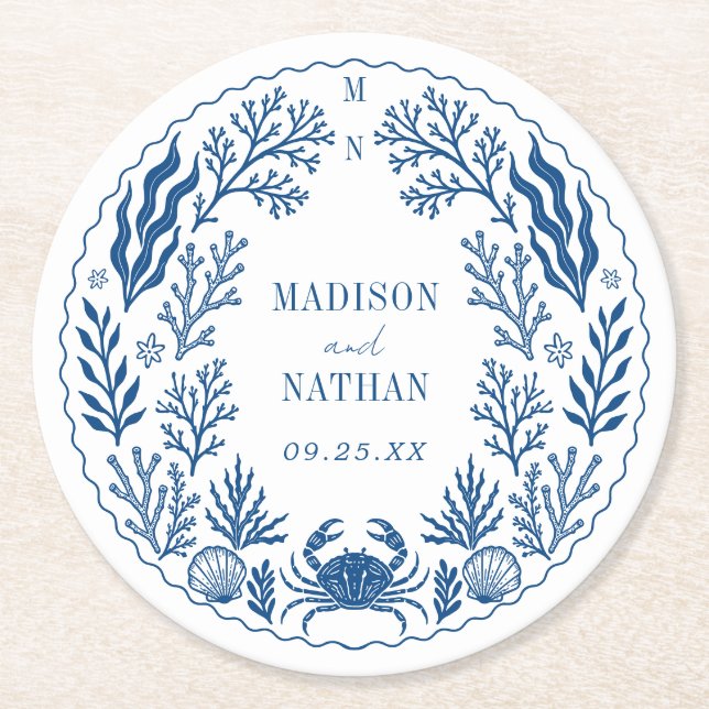 Blue Nautical Crab Shell Ocean Beach Wedding Runder Pappuntersetzer (Vorderseite)