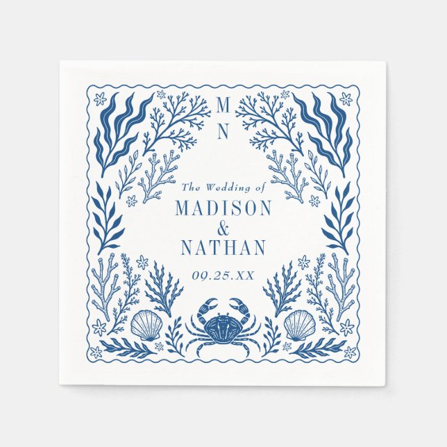 Blue Nautical Crab Shell Ocean Beach Wedding Serviette (Vorderseite)
