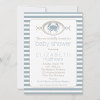Blue Nautical Crab Striping Baby Dusche Einladung