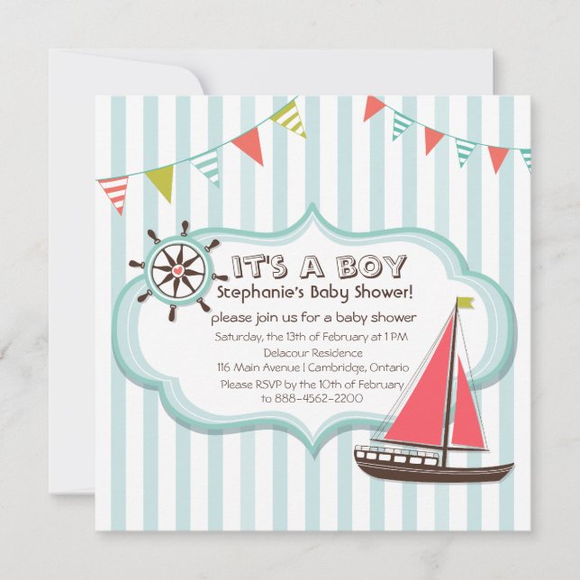 Blue Nautical Party Banner Kinderdusche Einladung (Vorderseite)