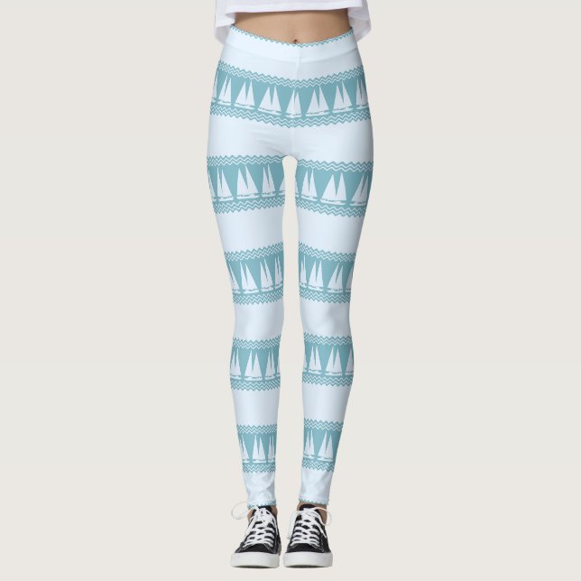 Blue Nautical Sailboat Coasters Stripes Leggings (Vorderseite)