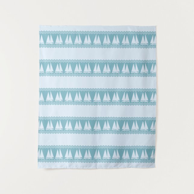 Blue Nautical Sailboat Coasters Stripes Wandteppich (Vorderseite)