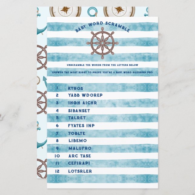 Blue Nautical Sailor Baby Shower Word Scramble (Vorne/Hinten)