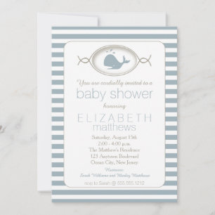 Blue Nautical Spouting Whale Striping Baby Shooter Einladung