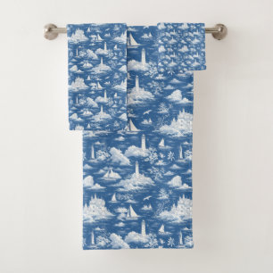 Blue Nautical Toile de Jouy Badhandtuch Set