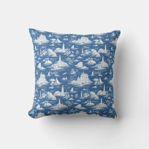 Blue Nautical Toile de Jouy Kissen