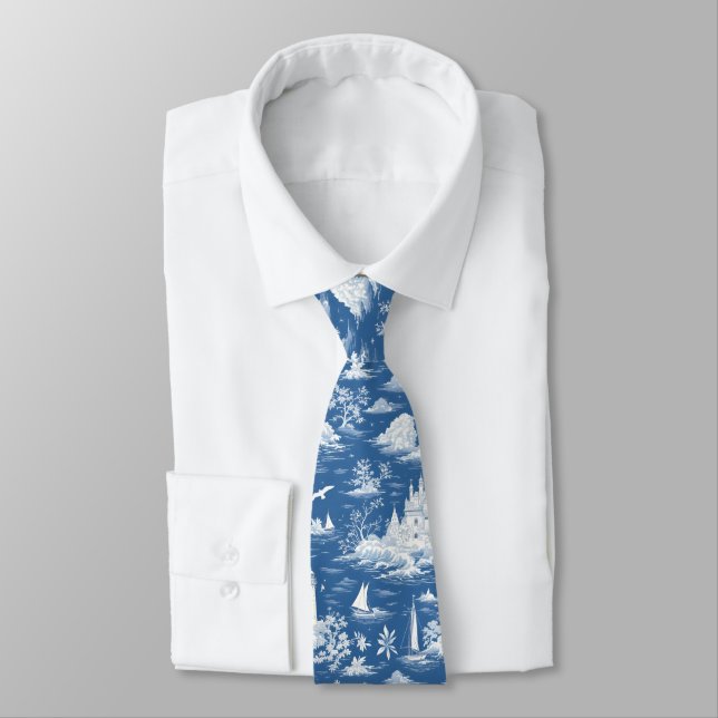 Blue Nautical Toile de Jouy Krawatte (Gebunden)