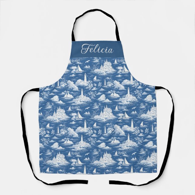 Blue Nautical Toile de Jouy Schürze (Vorderseite)