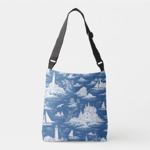 Blue Nautical Toile de Jouy Tragetaschen Mit Langen Trägern