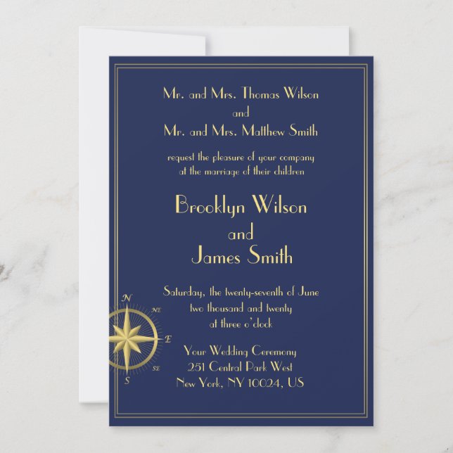 Blue Nautical Wedding Einladungen Gold Compass (Vorderseite)