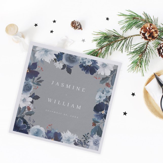 Blue & Navy Floral Name Napkins- Grau Serviette (Von Creator hochgeladen)