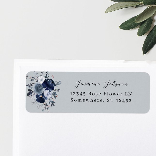 Blue & Navy Floral Return Address Label - Blue Gra (Von Creator hochgeladen)
