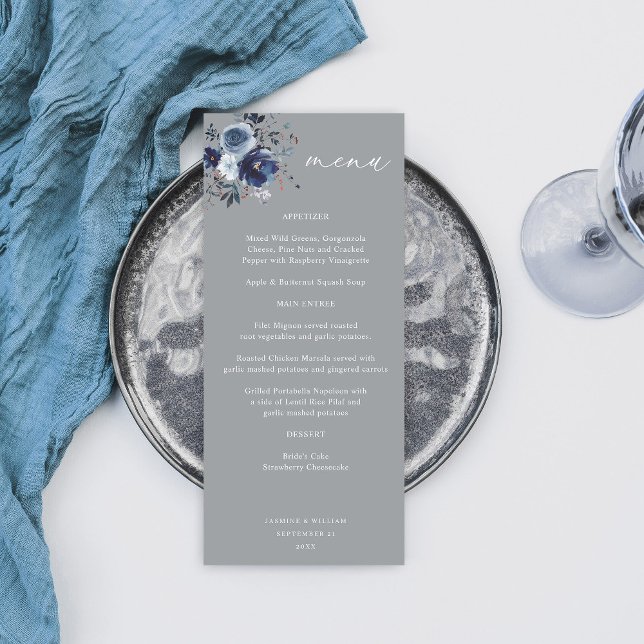 Blue & Navy Floral Tall Menu - Grau 2 Menükarte (Von Creator hochgeladen)