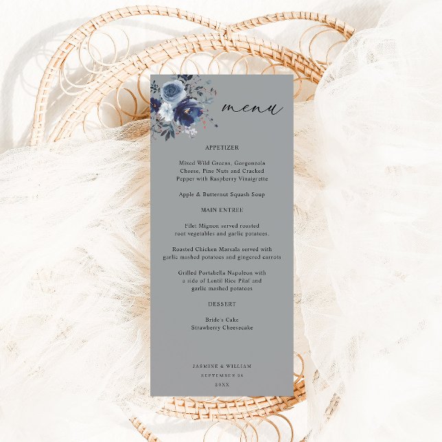Blue & Navy Floral Tall Menu - Grau Menükarte (Von Creator hochgeladen)