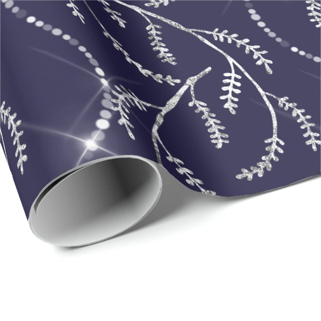 Blue Navy Funkelnd Laurel Floral Silver Diamonds Geschenkpapier (Rolleneckpunkt)