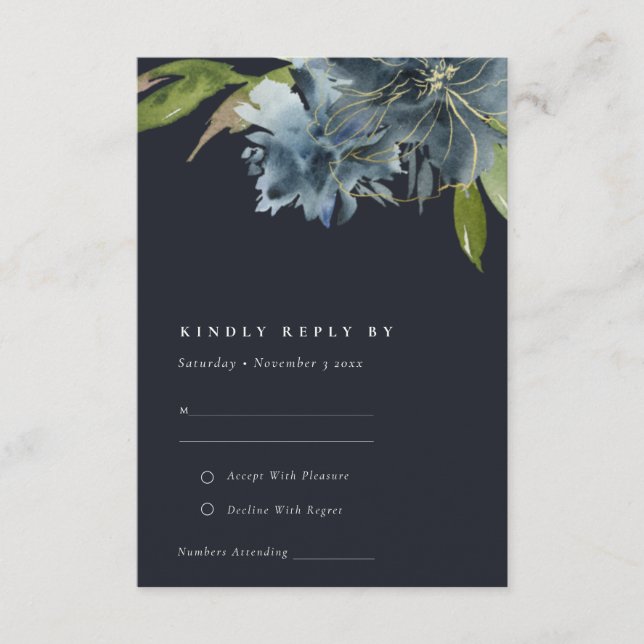 BLUE NAVY GOLD FLORAL WATERCOLOR WEDD RSVP BEGLEITKARTE (Vorderseite)