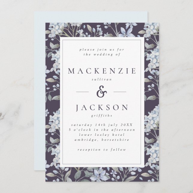 Blue & Navy Hydrangeas Watercolor Wedding Einladung (Vorne/Hinten)