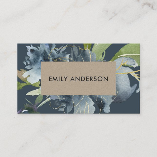 BLUE NAVY KRAFT GREEN GOLD FLORAL WATERCOLOR VISITENKARTE (Vorderseite)