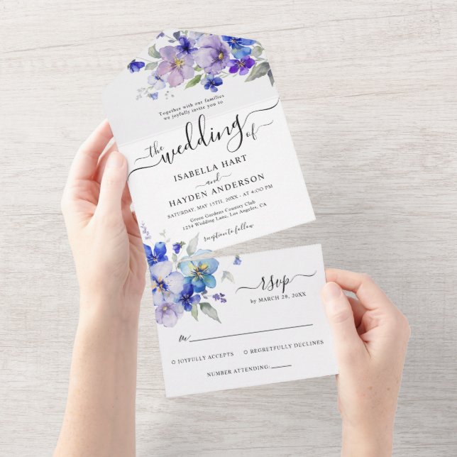 Blue Navy Lila Lavender Floral Wedding RSVP All In One Einladung (Abreißen)