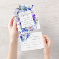 Blue Navy Lila Viola Pansy Floral Wedding RSVP