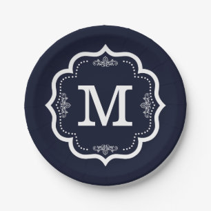 Blue Navy Monogram Pappteller