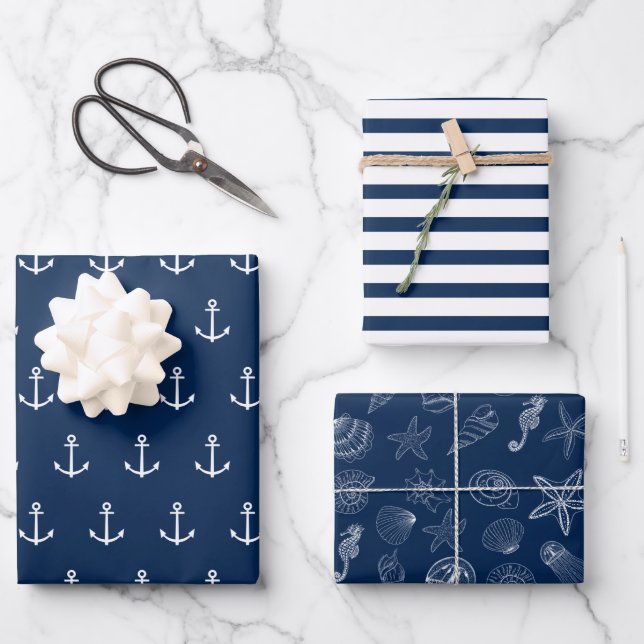 Blue Navy Nautic Stripes Sea Life Geschenkpapier Set (Vorderseite)