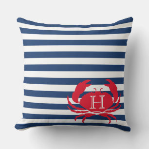 Blue Navy Red Crab Nautical Modern Stripes Outdoor Kissen