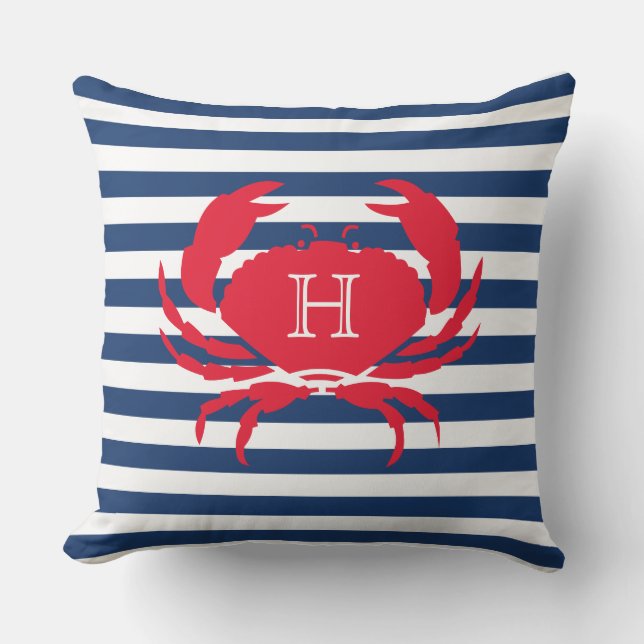 Blue Navy Red Crab Nautical Modern Stripes Outdoor Kissen (Vorderseite)