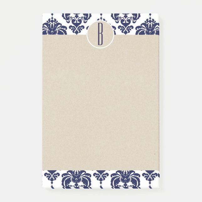 Blue Navy White Glam Damask Kraft Monogram Initial Post-it Klebezettel (Vorderseite)