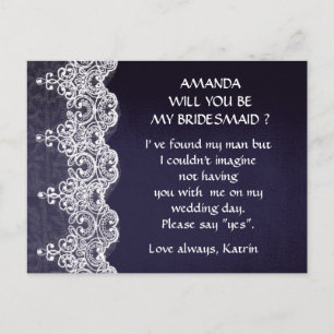 Blue Navy White Lace wird meine Bridesmaid sein Einladungspostkarte