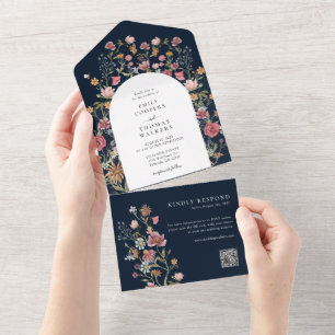 Blue Navy Wildblumen in einem Hochzeitspaar All In One Einladung