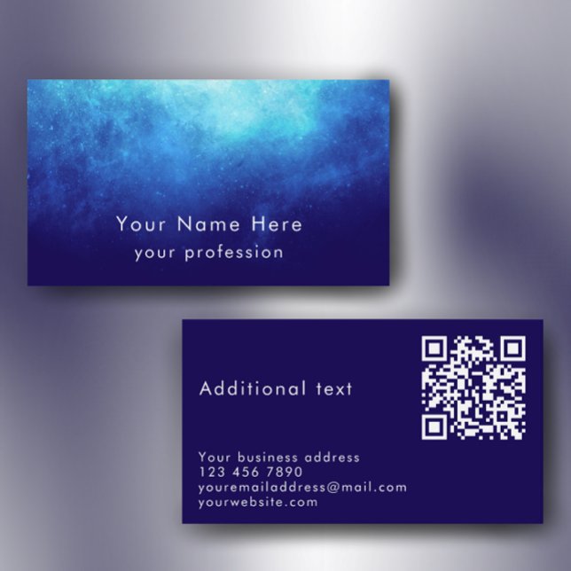 Blue Nebula Custom Text Cool Modern QR Code Visitenkarte (Personalize these unique blue nebula modern custom business card templates.)