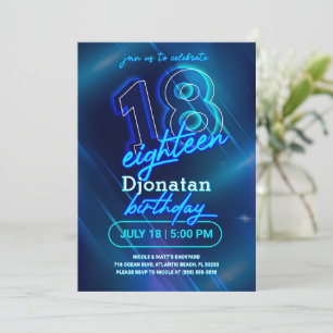 Blue Neon 18. Geburtstagsparty Einladungskarte Einladung