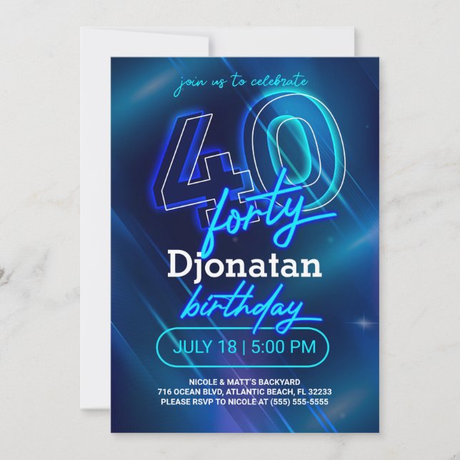 Blue Neon 40th Birthday Party Invitation Card Einladung (Vorderseite)