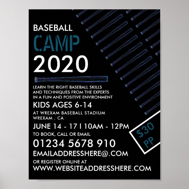 Blue Neon Baseball Bat, Baseball Camp Werbung Poster (Vorne)