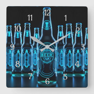 Blue Neon Beer Flaschen Quadratische Wanduhr