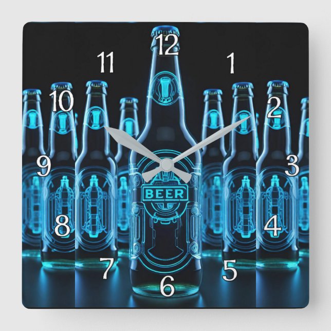 Blue Neon Beer Flaschen Quadratische Wanduhr (Vorderseite)