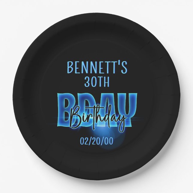 Blue Neon Birthday Pappteller (Vorderseite)