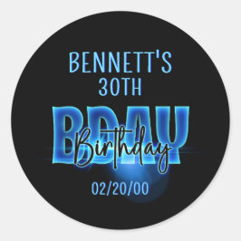 Blue Neon Birthday Runder Aufkleber